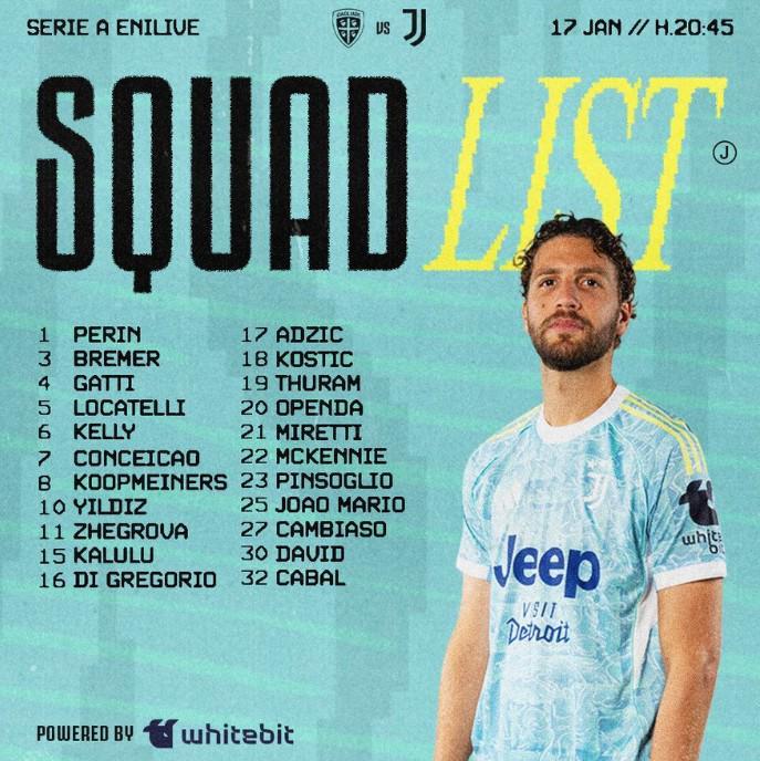 尤文客战卡利亚里大名单：洛卡特利领衔，米利克继续伤缺